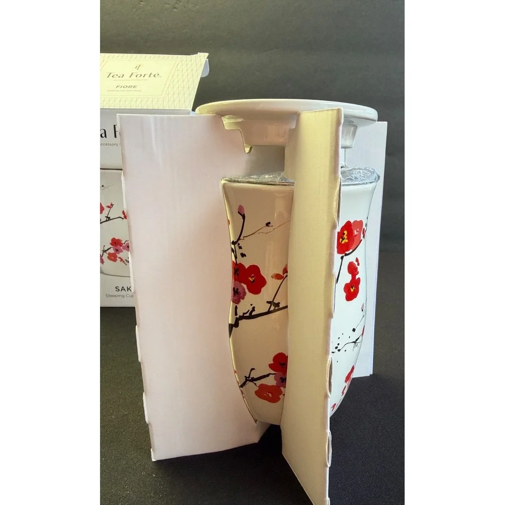 Tea Forte‎ Ceramic Fiore Cup Removeable Stainless Infuser Basket Handle Lid NEW